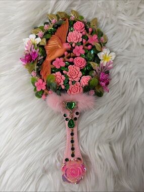 Hand Crafted Pink Floral Hummingbird Hand Mirror with Green Gems